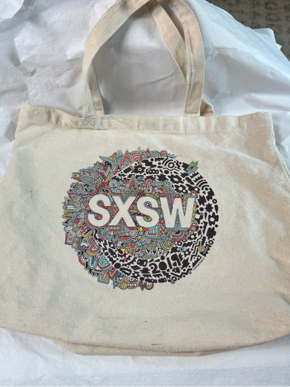 SXSW x ACLU 100 Years Canvas Tote Bag in Natural with Colorful Design Austin TX